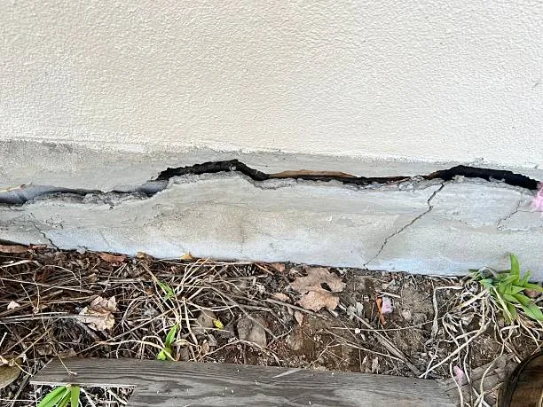 Foundation settlement crack at the base of a stucco wall
